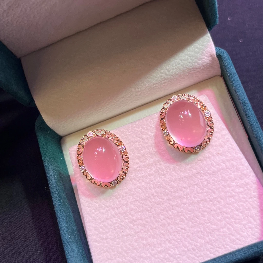 天然莫桑比克星光粉粉晶耳钉18k金轻奢定制镶嵌