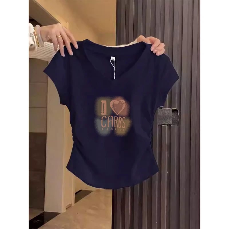 2025新款正肩V领收腰短袖女t恤小众设计感侧边褶皱藏青色上衣夏季