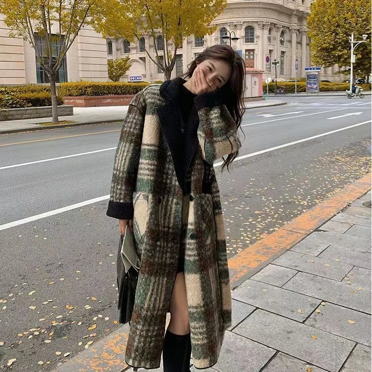 高级感设计复古冬季格子宽松毛呢外套格纹呢大衣加厚百搭呢子大衣