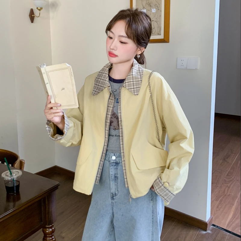 黄色格纹拼接休闲外套女短款2025新款美式复古学院风工装开春上衣