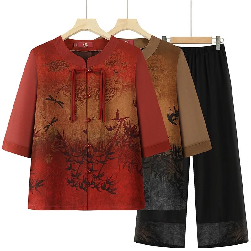 中国风V领夏装老年人直筒中老年女装春装大码新年胖妈妈装气质