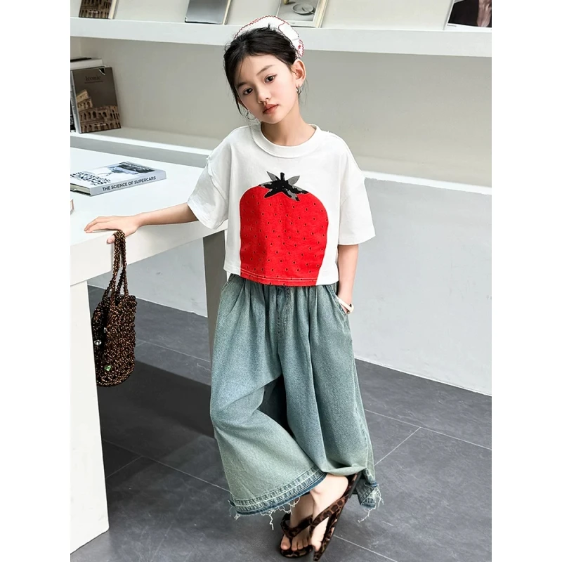女童夏季薄款草莓短袖宽松套装中大童女孩牛仔裤裙网红两件套夏装