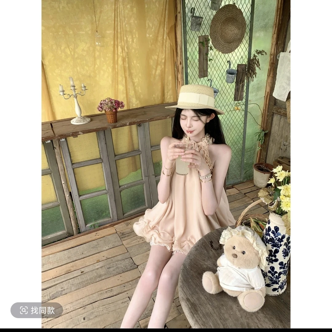 玫瑰寄信短裙夏季气质显瘦设计感纯欲风甜美性感法式挂脖连衣裙女