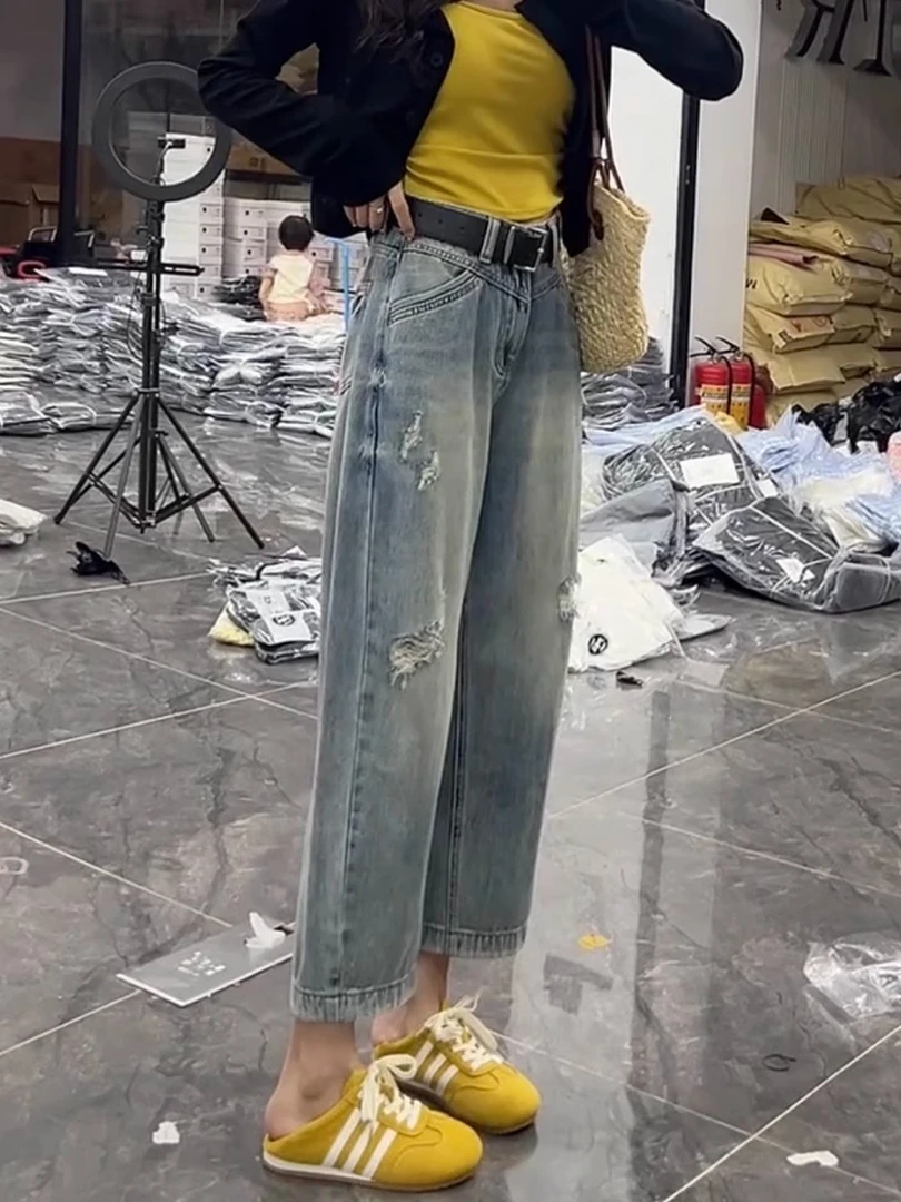 大码高腰显瘦无弹九分弯刀牛仔裤子女夏季新款胖MM宽松遮胯阔腿裤