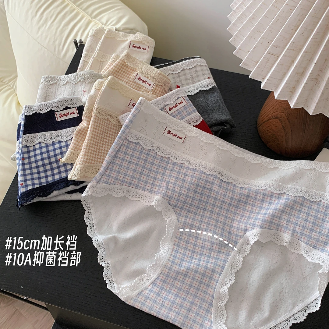 『Black』英伦格纹 纯欲风棉质加长裆内裤蕾丝边中腰透气三角裤