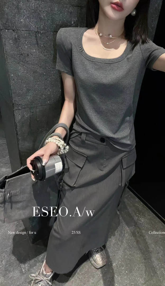 以秀夏款简约显瘦U领短袖上衣6156
