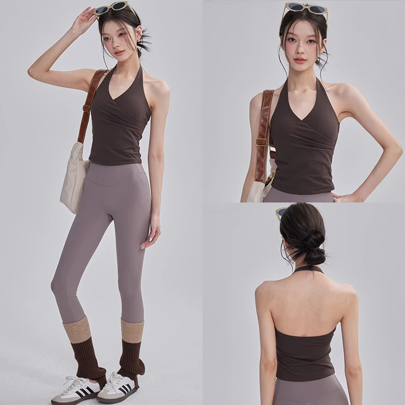 挂脖运动背心女带胸垫修身显瘦美背防震健身服跑步速干瑜伽服套装