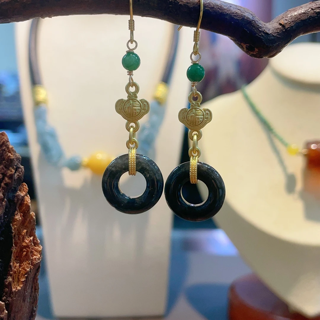 天然缅甸A货翡翠乌鸡料甜甜圈耳饰