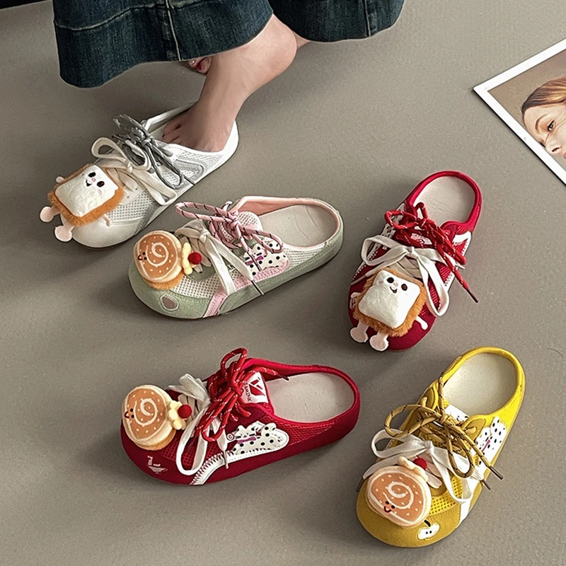 卡通可爱时尚复古拼色包头半拖鞋女2025夏季新款外穿休闲凉拖鞋潮