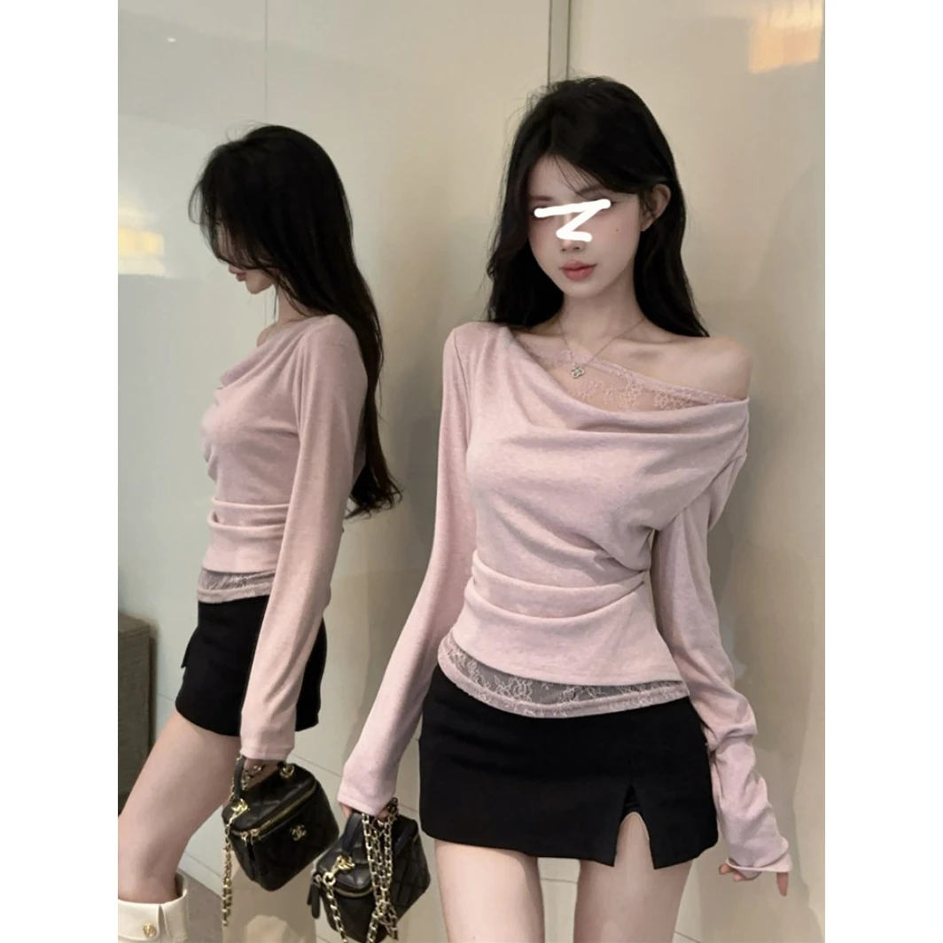 YIDENG2025年春季新款蕾丝露肩长袖T恤女设计感修身显瘦打底衫