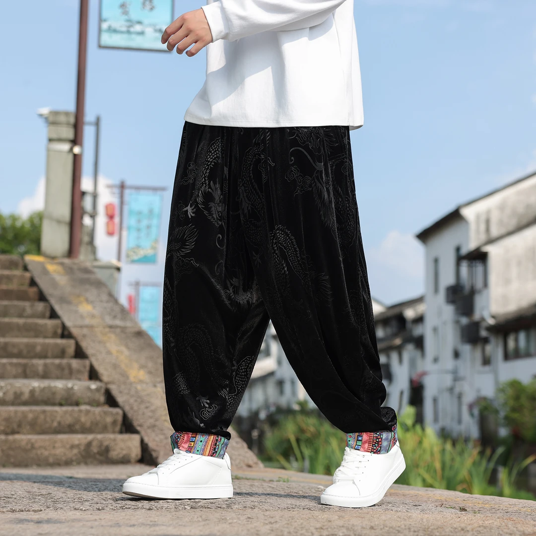 新中式藏式印花休闲金丝绒裤子男秋冬季中国风龙纹提花高级感长裤