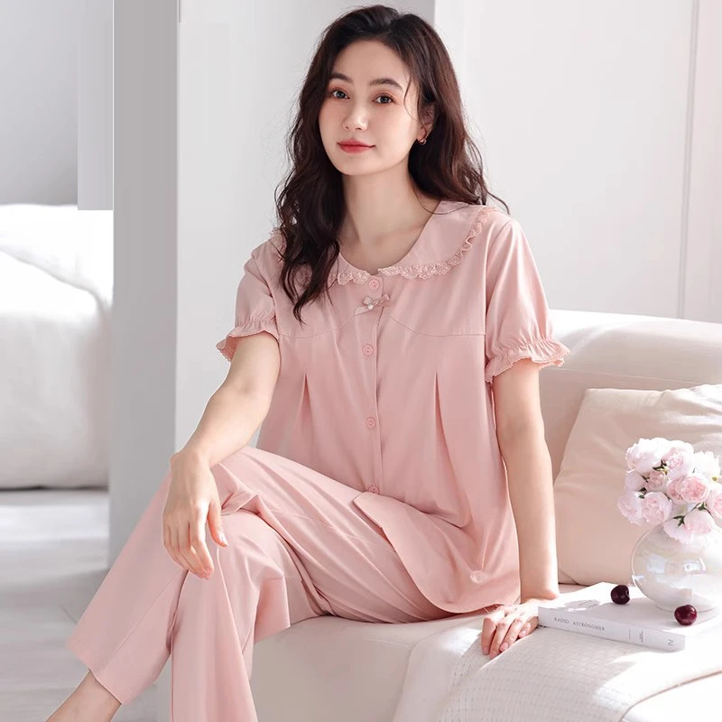 2025新款睡衣女士夏季纯棉短袖长裤家居服简约妈妈春夏薄款套装