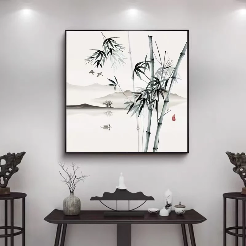 竹子画新中式玄关高级感水墨竹报平安挂画书房砂岩画