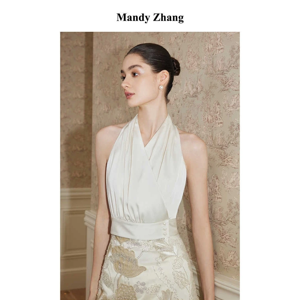 MandyZhang法式缎光感白色V领挂脖小背心女夏季气质短款露背上衣