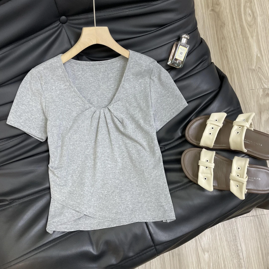 大码200斤纯欲风纯色正肩V领设计夏季新款百搭显瘦短袖t恤女上衣