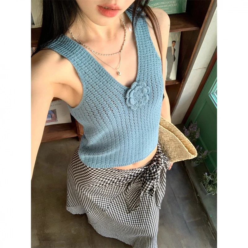 2025新款甜美套装V领立体花朵背心女夏季格子蝴蝶结半身裙两件套
