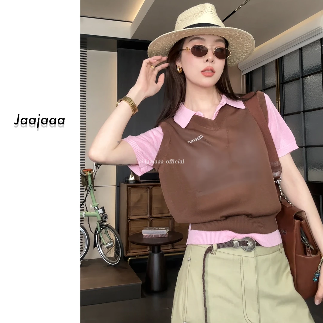 Jaajaaa暮色童话  休闲百搭拼色polo领假两件短袖针织T恤/XGDE