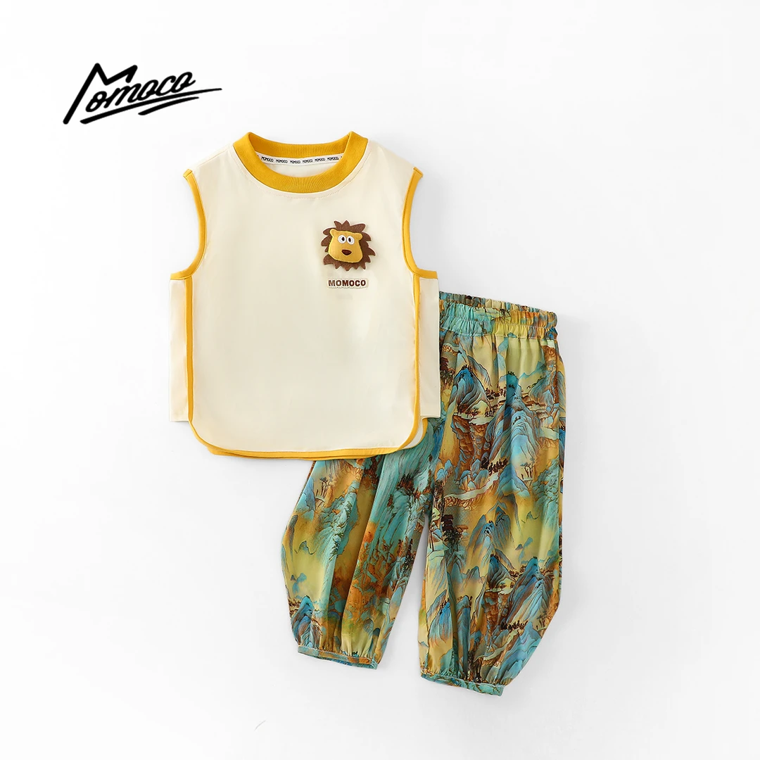 MOMOCO夏季新款男女童时尚小狮子宽松七分裤无袖套装77230578764