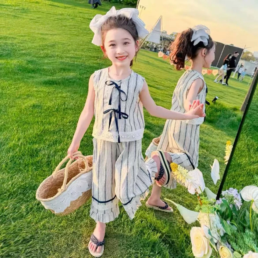 夏季女童韩版条纹蝴蝶结套装夏季款洋气无袖上衣裤套装SJ-J-B102