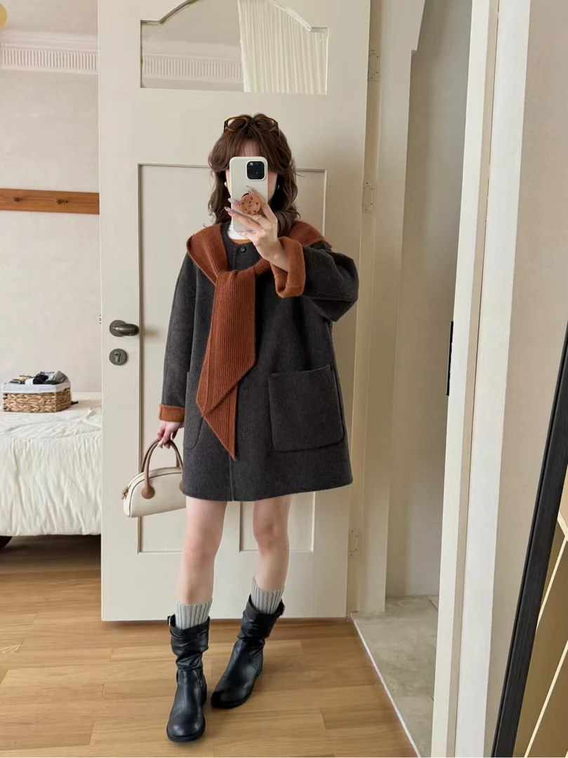 淑女心情 秋冬直下摆女通勤中长款毛呢外套时尚冬季百搭拼接外套