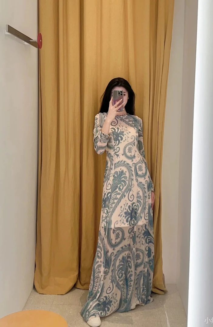 蓝色腰果花订贝壳长款礼服连衣裙