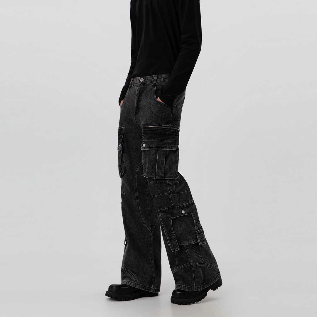 潮街区高街重工炮弹牛仔裤潮牌男多口袋工装设计宽松直筒休闲长裤