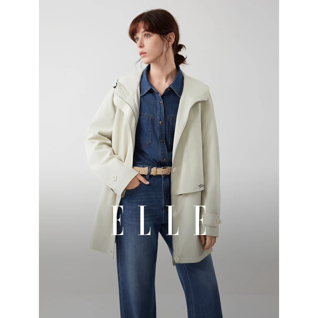 ELLE女装立领连帽中长款外套2025秋新款宽松独特上衣EF52938