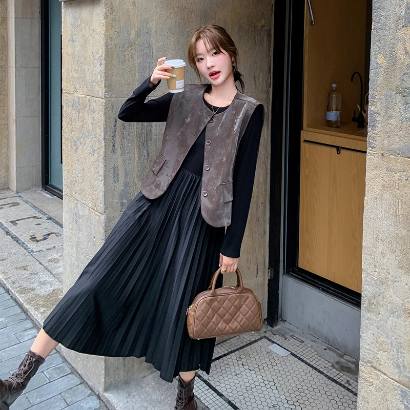 韩版宽松通勤休闲时尚连衣裙套装2025秋季新款显瘦拼接百搭两件套