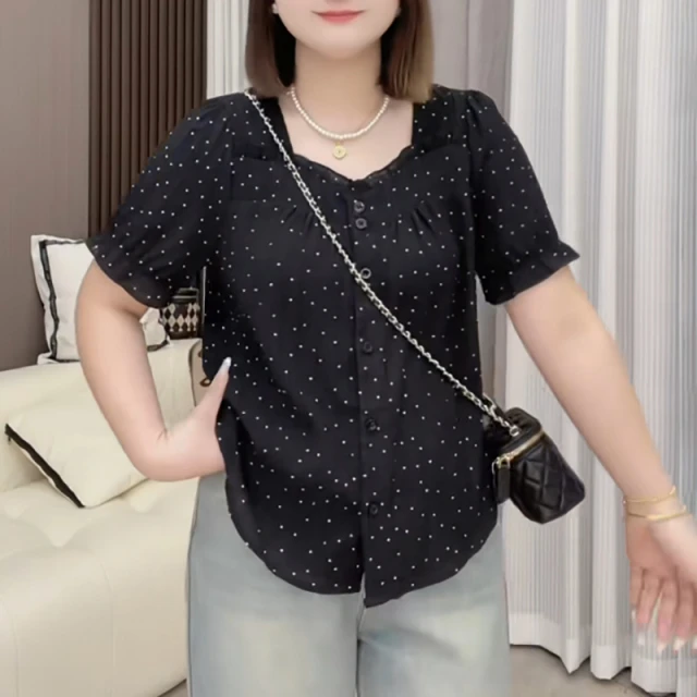 大码气质波点方领短袖衬衫女夏季新款胖mm宽松显瘦独特超好看上衣
