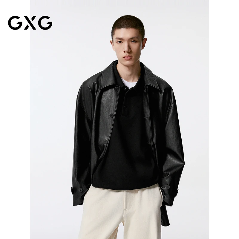 GXG男装 黑色pu皮口袋设计风衣外套男士秋季G24X083001