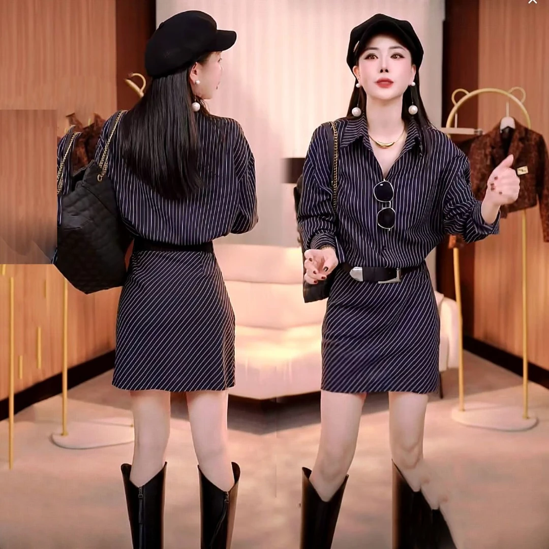 1066复古气质条纹收腰修身衬衫包臀裙2025秋新款御姐范洋气连衣裙