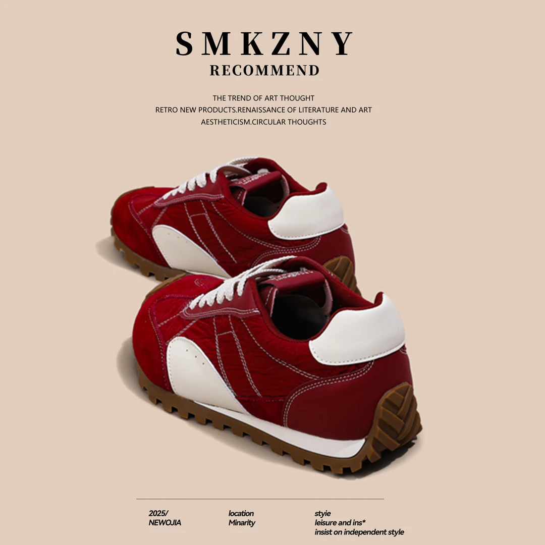 红色真皮德训鞋女内增高女鞋秋季百搭勃肯板鞋通勤鞋子休闲运动鞋