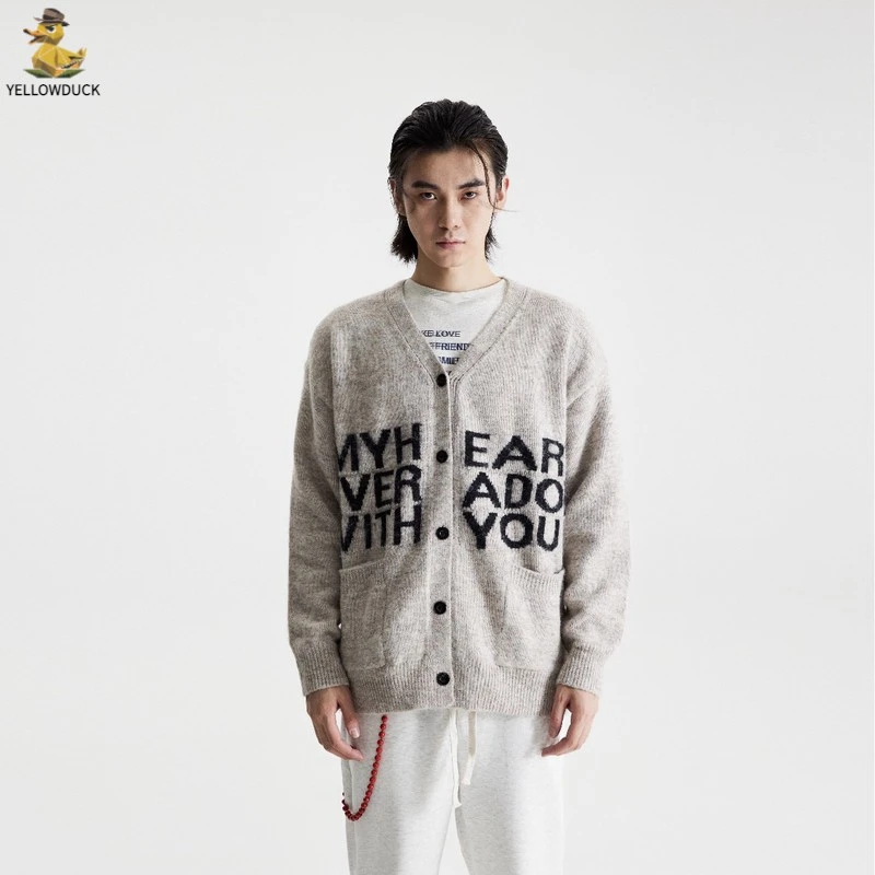 COLDSTONE品质字母慵懒风软糯开衫复古毛衣男女同款卡其色