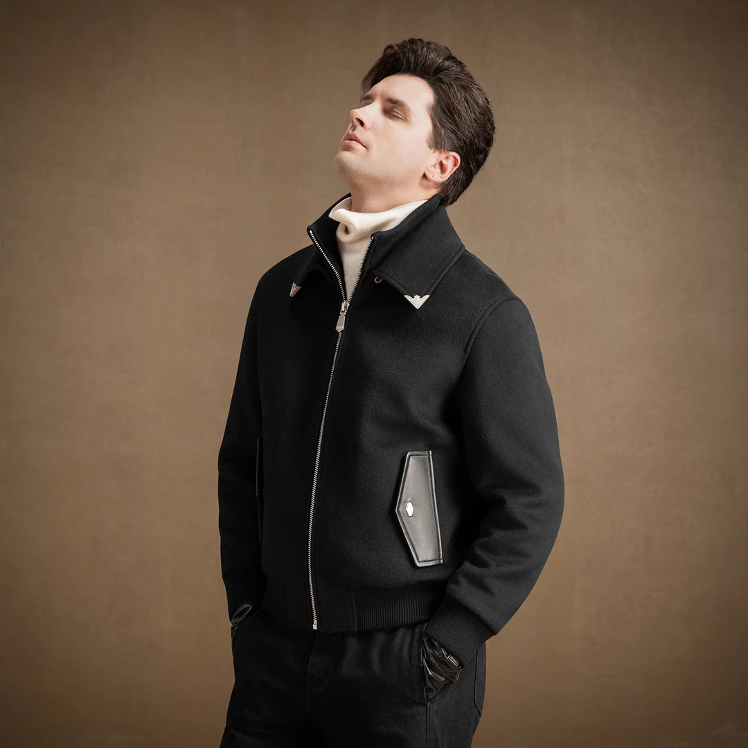 言吉高端休闲羽绒服冬季新款时尚翻领毛呢白鸭绒潮流外套YJ57175