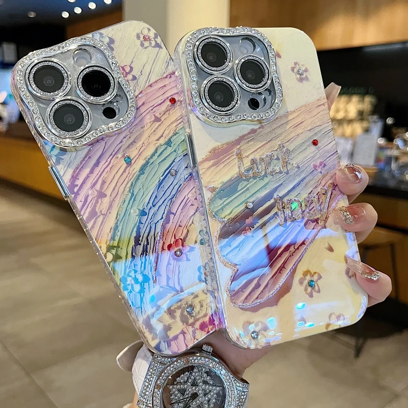 适用苹果系列iPhone16新款撒手机壳Luck彩虹扭边钻框闪钻镜头膜