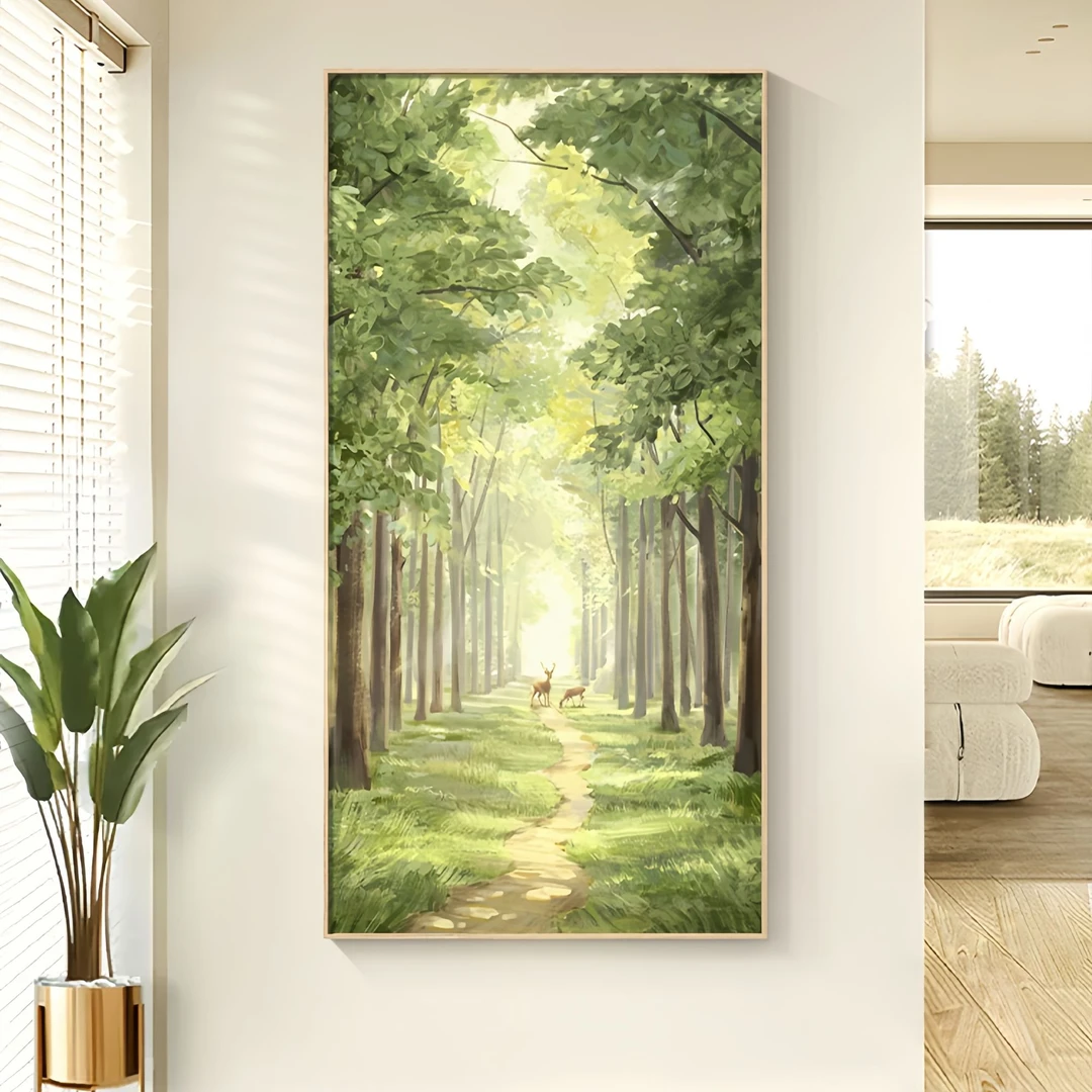 原木风进门玄关装饰画走廊过道挂画北欧风绿色风景高级感客厅壁画