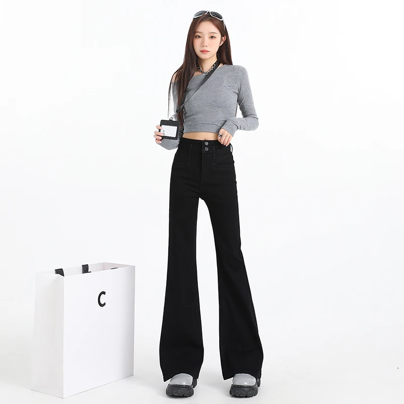 华利尔斯#黑色高腰微喇叭牛仔裤女新款美式弹力修身显瘦马蹄裤