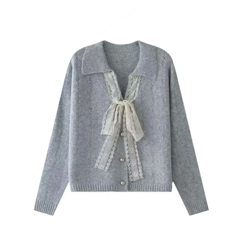气质系带蝴蝶结V领混纺毛衣开衫