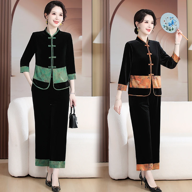 2410中国风春洋气妈妈装气质休闲复古显瘦中式上衣新款女套装