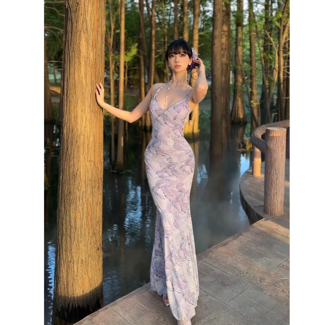 性感纯欲氛围感露背紫色连衣裙修身显瘦包臀鱼尾裙度假风长裙