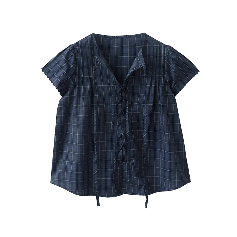 自制2025新款复古风琴褶刺绣花边宽松绑带格子短袖衬衫女法式上衣