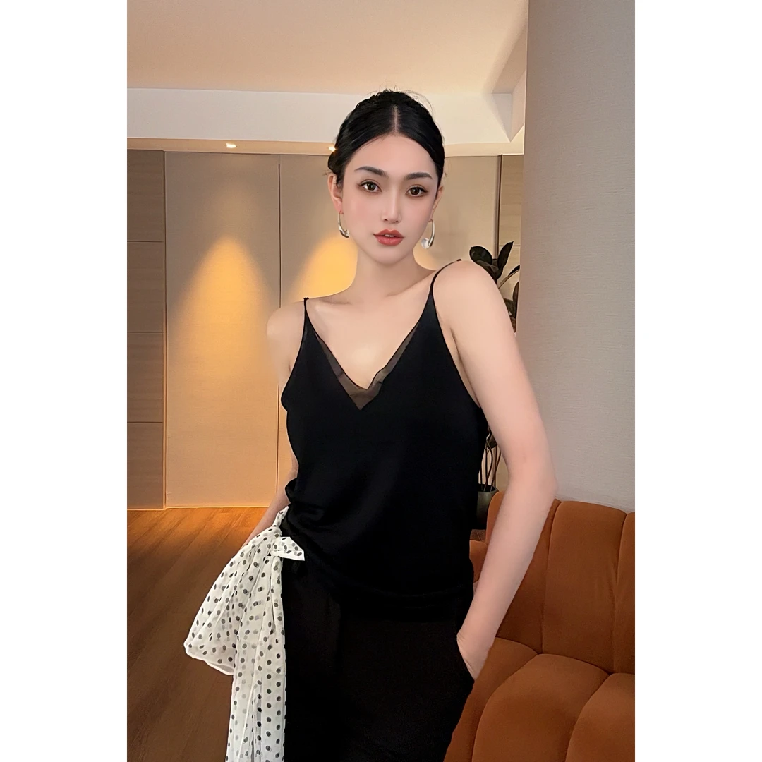 紫紫 冰氧吊带 显瘦薄纱拼接外穿黑色百搭吊带背心女 ZD02SMYL134