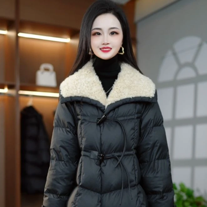 2025气质毛领拼接冬季时尚高级保暖白鸭绒羽绒服M-3XL