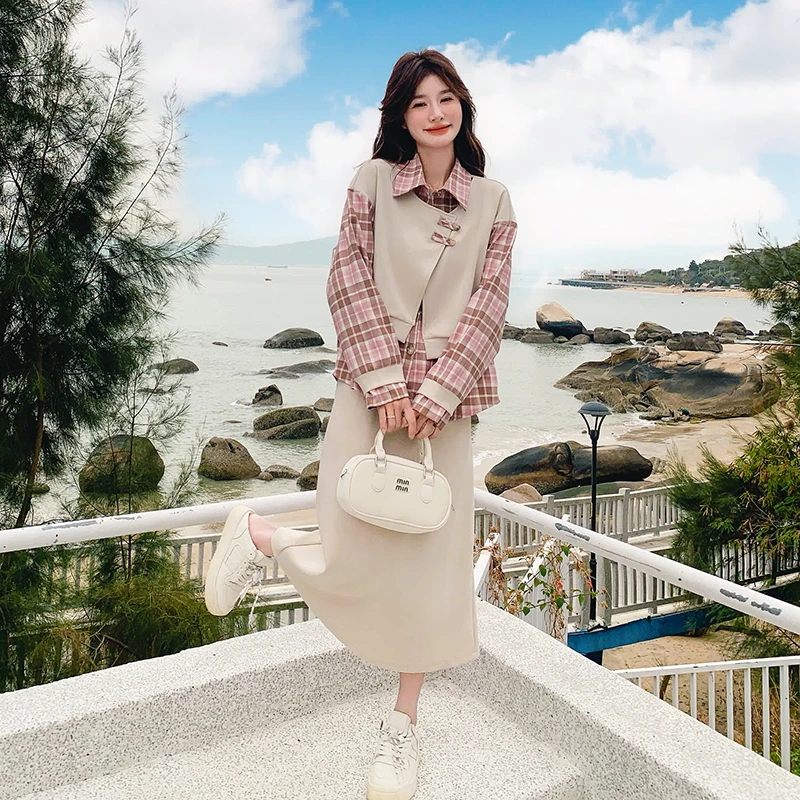 粉色格纹拼接假两件衬衫套装裙女2025年春季新款休闲半身裙两件套