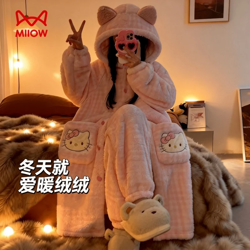 猫人珊瑚绒睡衣女款冬季加绒加厚2026新款爆款网红睡袍家居服套装