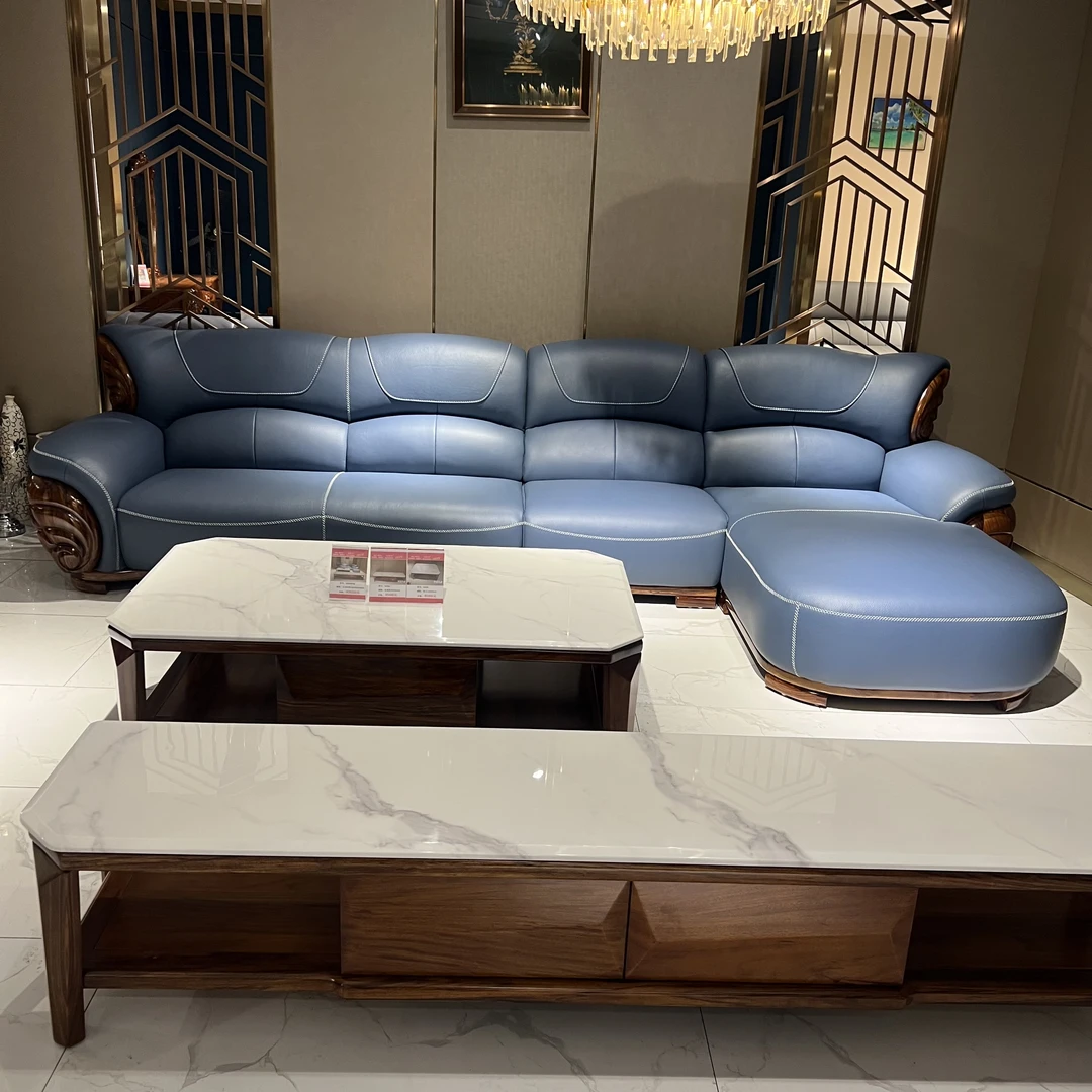 新款天使的翅膀豪华款乌金木头层牛皮沙发贵妃转角直排客厅组合