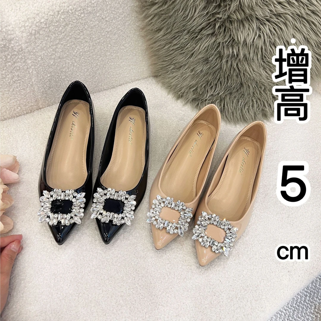 内增高5公分～女鞋水钻方扣尖头浅口单鞋新款法式漆皮不累脚高跟鞋