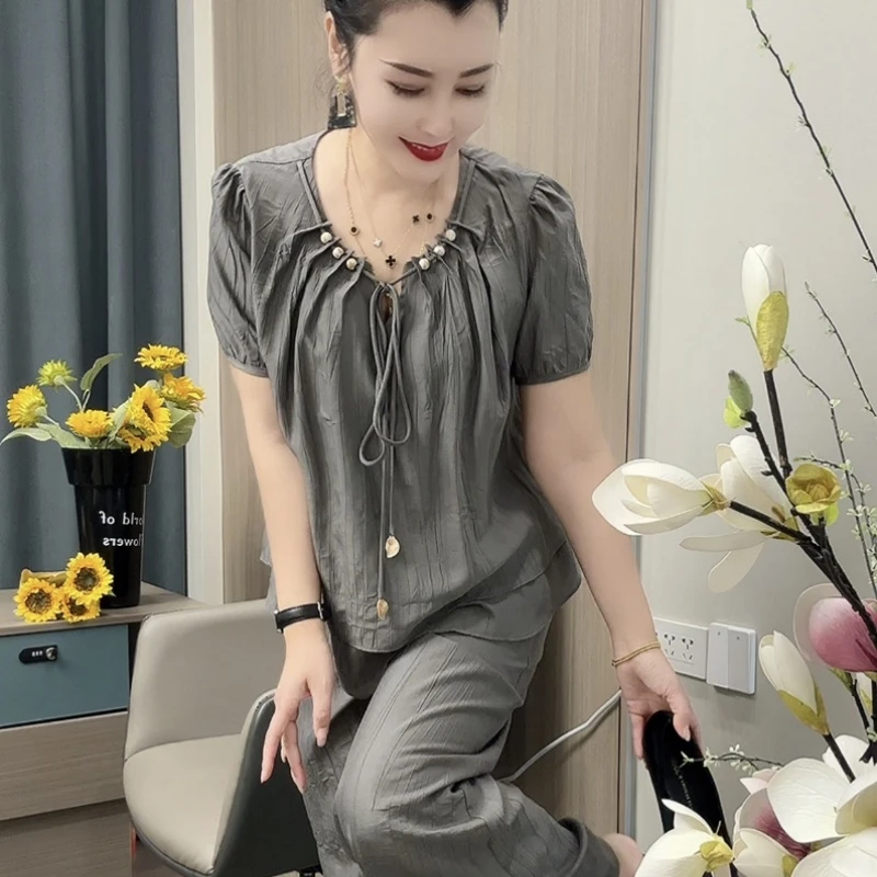 25-60【套装】减龄夏季上衣女装时尚系带短袖洋气夏装休闲时尚套装