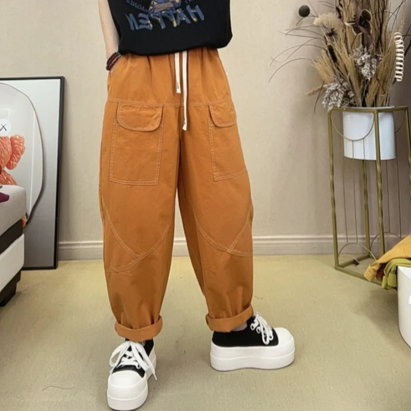 8672#工装风夏季休闲风阔腿裤百搭宽松拼接时尚休闲裤