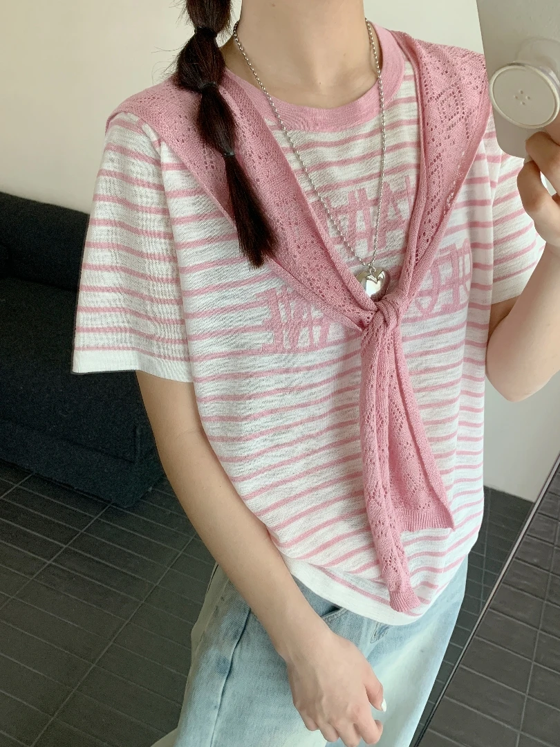 【潘潘.508831】2025年夏新款竹节麻披肩两件套条纹针织衫5.26福利
